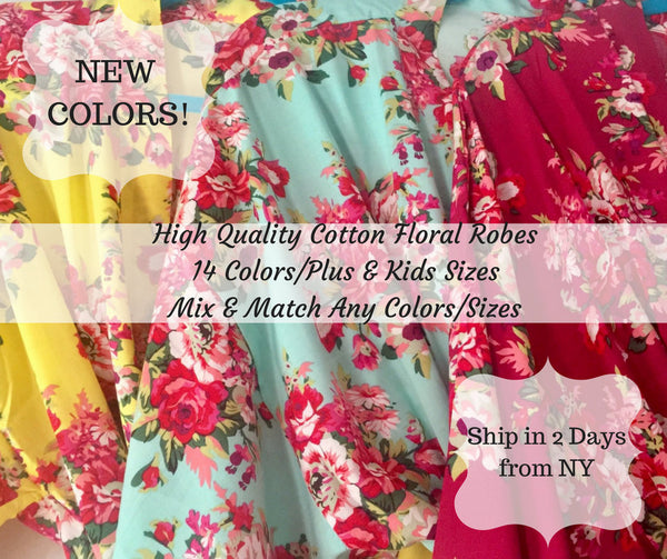 Bridesmaid Robes, 14 Colors, Bridesmaid Gift, Robe, Cotton Floral Robe, Getting Ready Robes, Wedding Robe, Kimono Robe